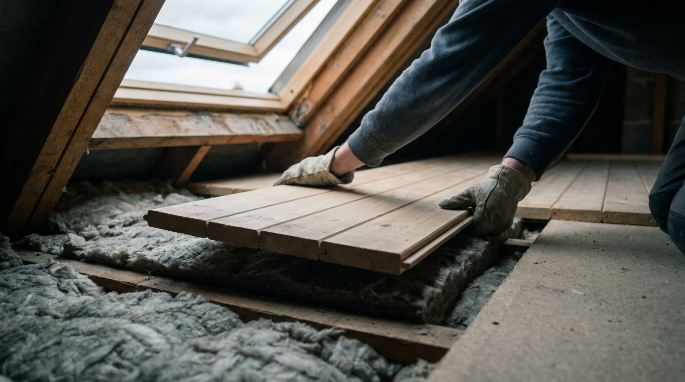 Raised loft boarding being fitted above insulation in a timber-framed roof space. — Amazing Lofts