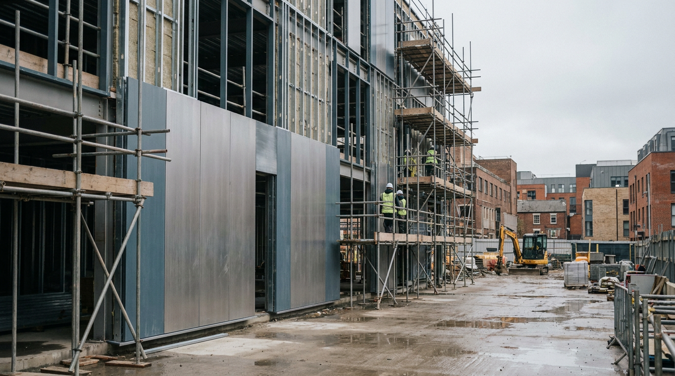 Metal facade panels and scaffolding on a commercial building under construction. — FK Group
