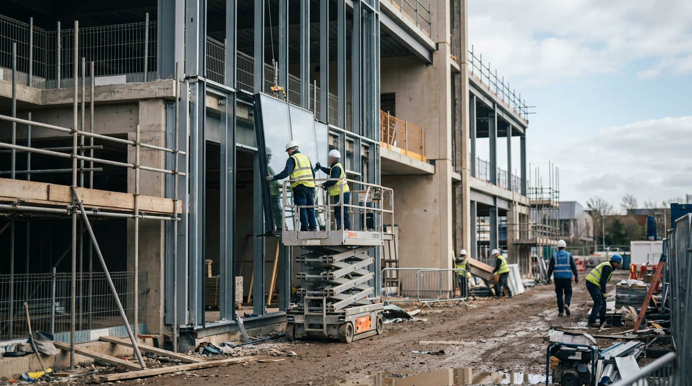 Glazed façade panels and metal framing on a commercial building under construction. — Permasteelisa
